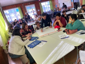 Grupos de personas en mesas trabajando en papelógrafos 