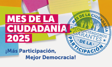 Gráfica Mes de la Ciudadanía con post it de fondo y un timbre que dice "Reconociéndonos garantes de la participación"