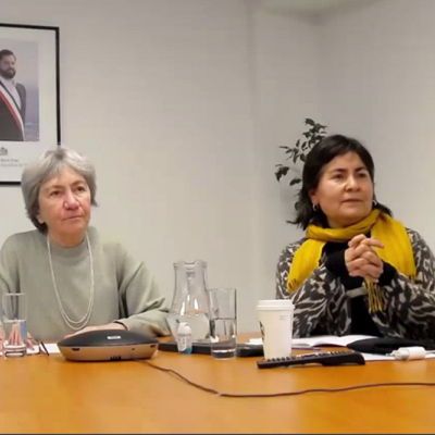 Dos mujeres mirando una pantalla, gente conectada a una sesión en línea