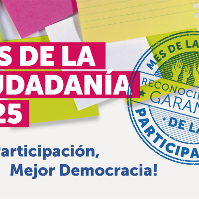 Gráfica Mes de la Ciudadanía con post it de fondo y un timbre que dice "Reconociéndonos garantes de la participación"